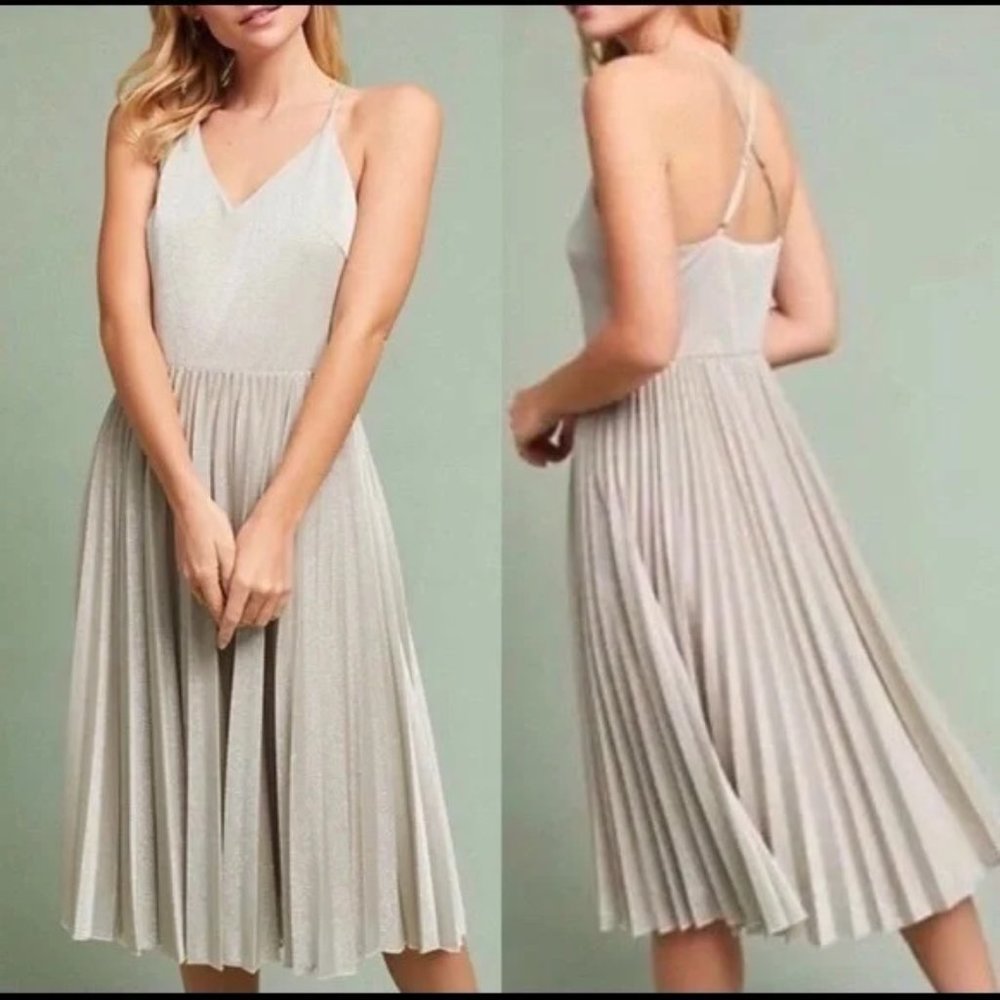 Anthropologie Elevenses Lunar Pleated Midi Dress Silver Sparkle 2 NWT